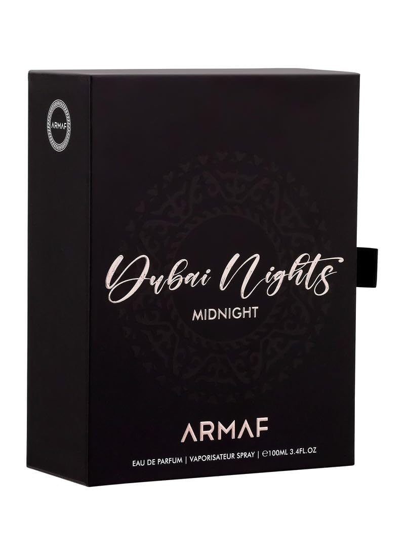 Armaf Dubai Nights Midnight bottle with lighting, highlighting oud and amber notes.