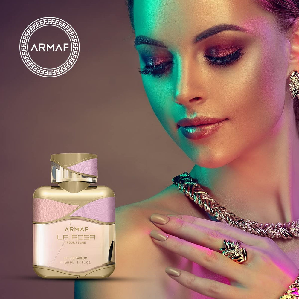 Armaf La Rosa Pour Femme cap close-up suggesting premium presentation and longevity