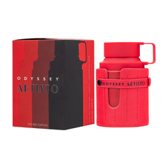 Armaf Odyssey Artisto Red bottle packaging closeup showing premium finish and luxury feel.