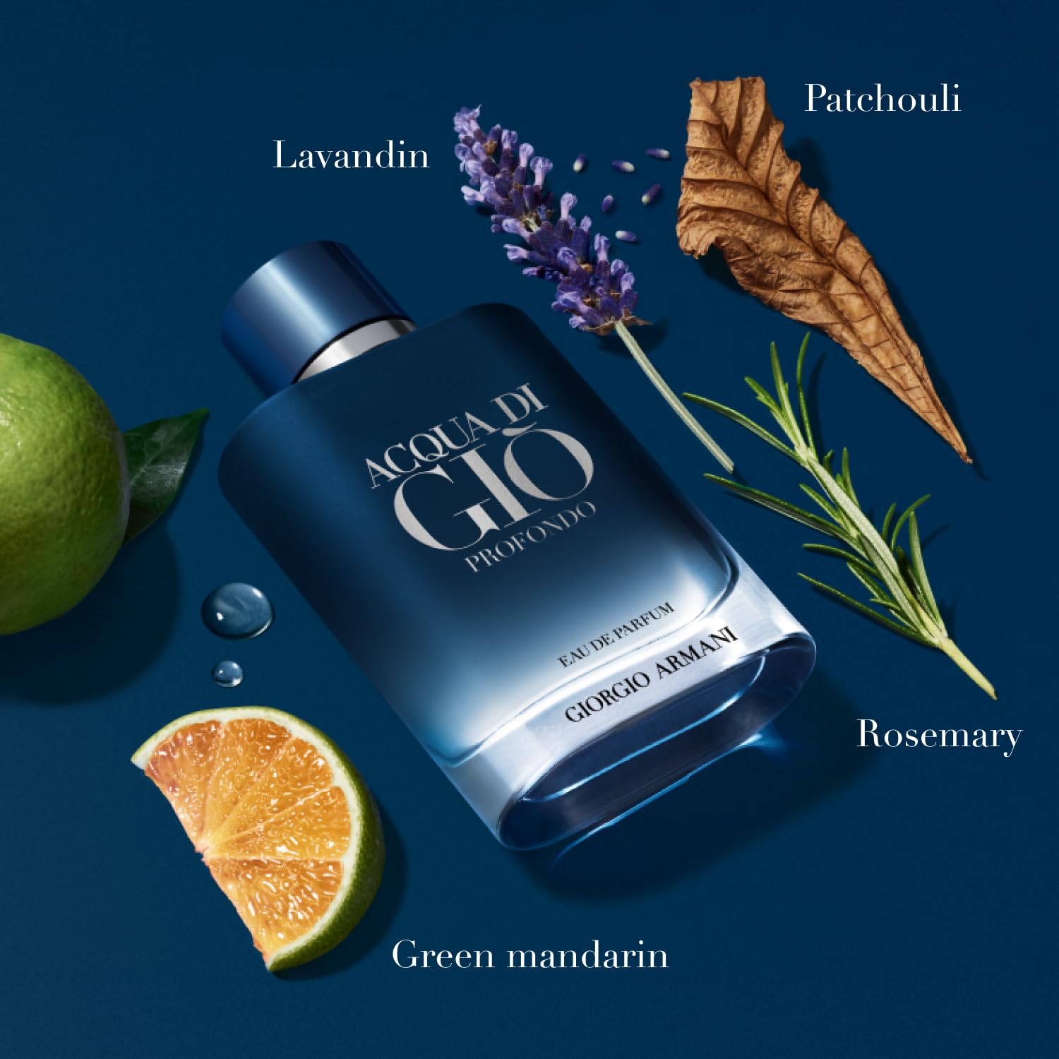 Armani Beauty Acqua di Giò Profondo cap close-up shows deep blue elegance and monogram.