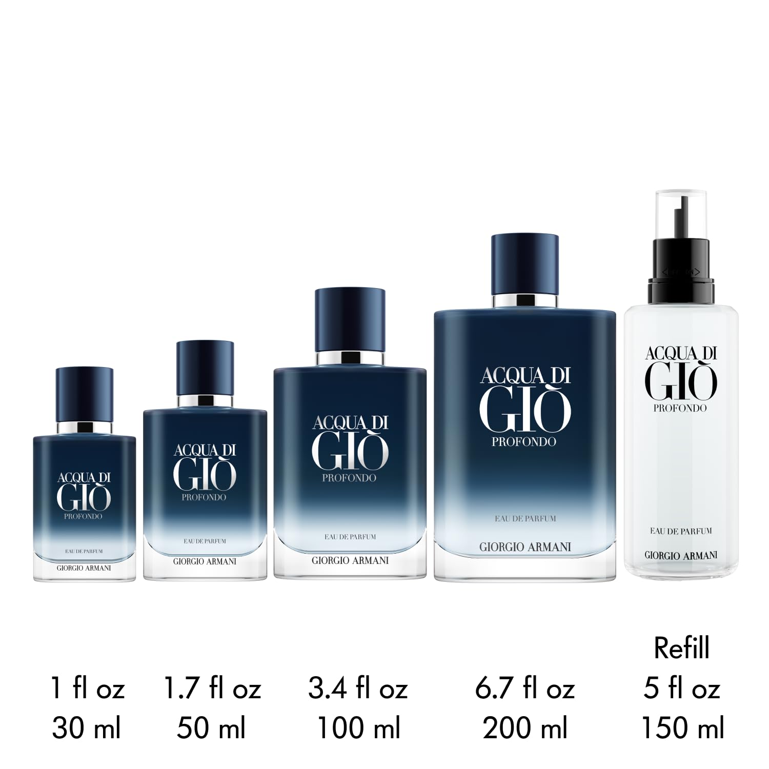 Armani Beauty Acqua di Giò Profondo bottle with blue hue suggests aquatic freshness.