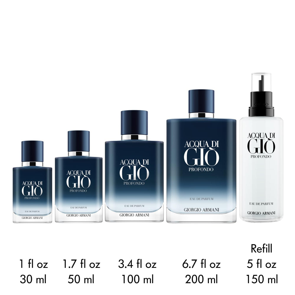 Armani Beauty Acqua di Giò Profondo bottle with blue hue suggests aquatic freshness.