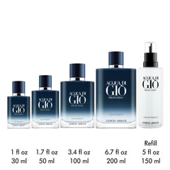 Armani Beauty Acqua di Giò Profondo bottle with blue hue suggests aquatic freshness.