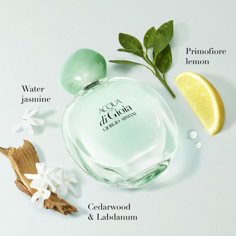 Armani Beauty Acqua di Gioia bottle cap in emerald signaling calm optimism.