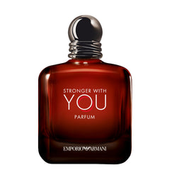 Armani Beauty Stronger with You Parfum bottle front showing bold masculine presence for evening wear