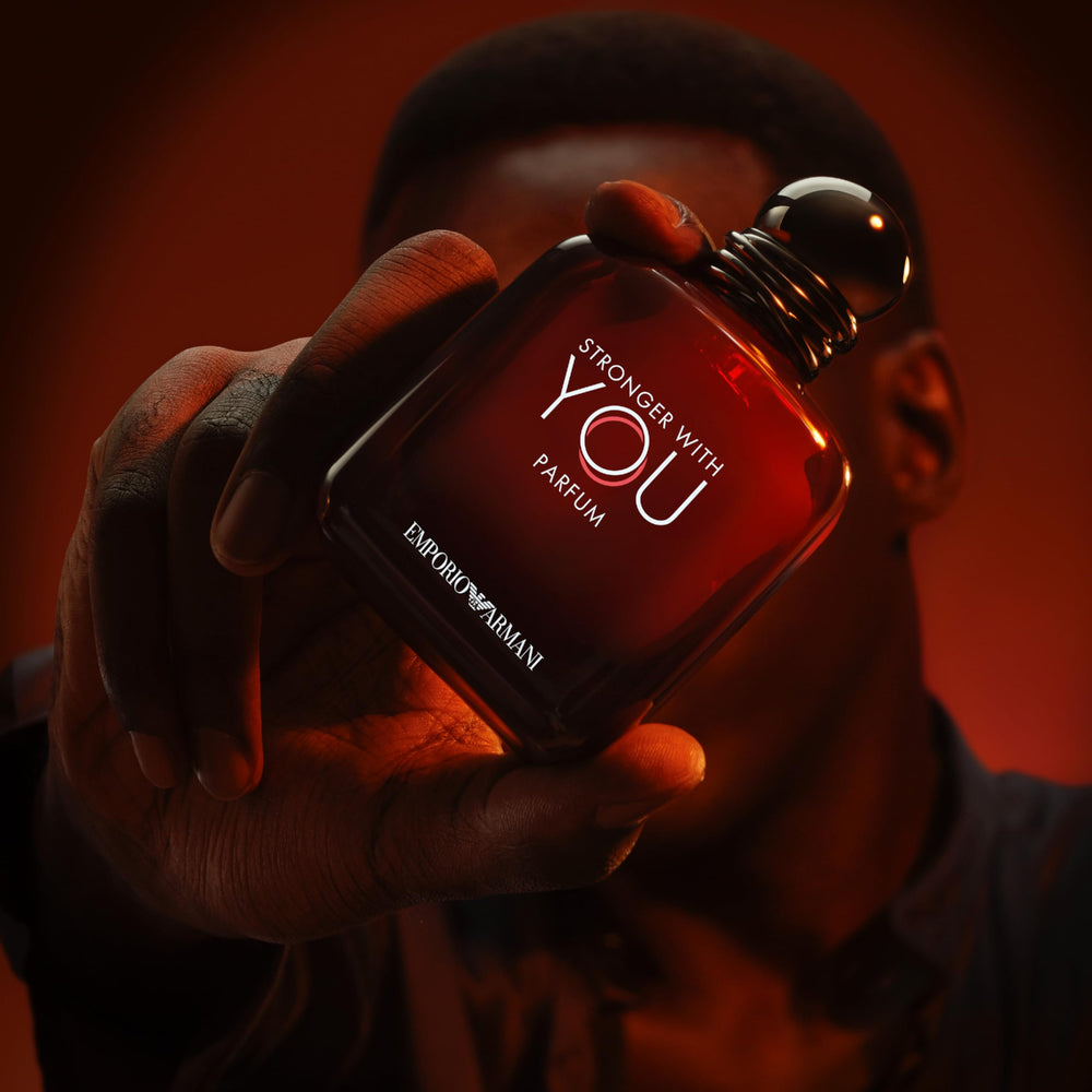 Armani Beauty Stronger with You Parfum bottle top highlighting premium packaging and scent identity