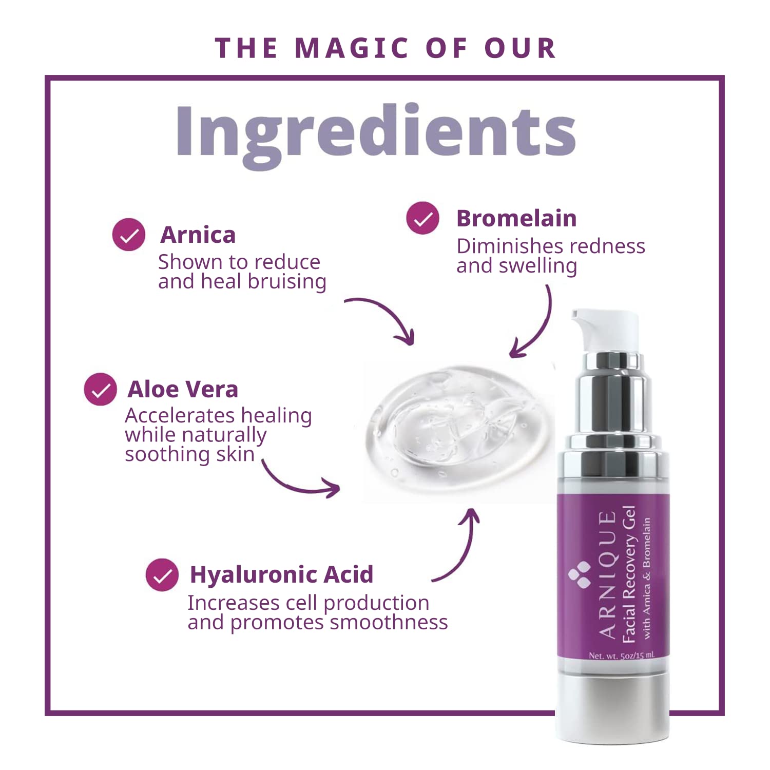 Ingredientes clave de Arnique: árnica, bromelina y ácido hialurónico para cuidado diario.