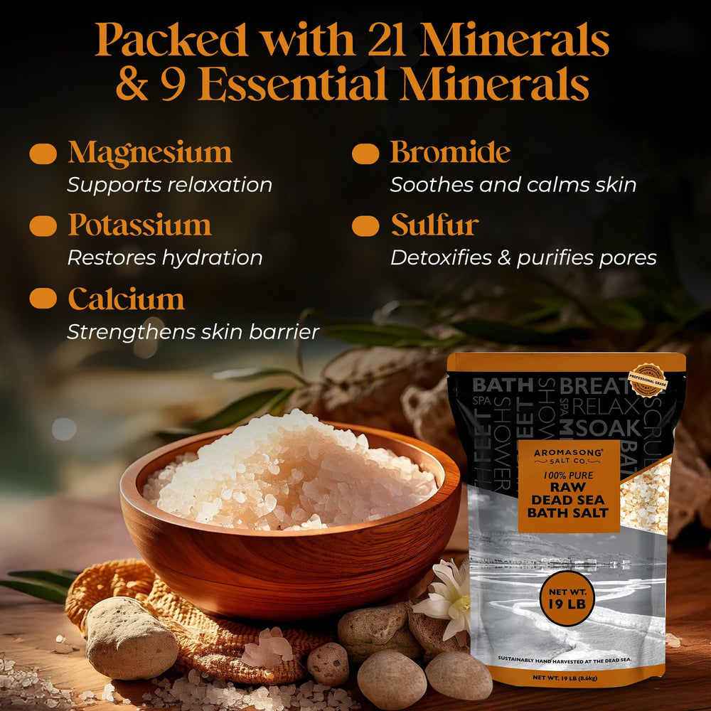 Aromasong mineral-rich bath salt showing 21 minerals for skin purification.