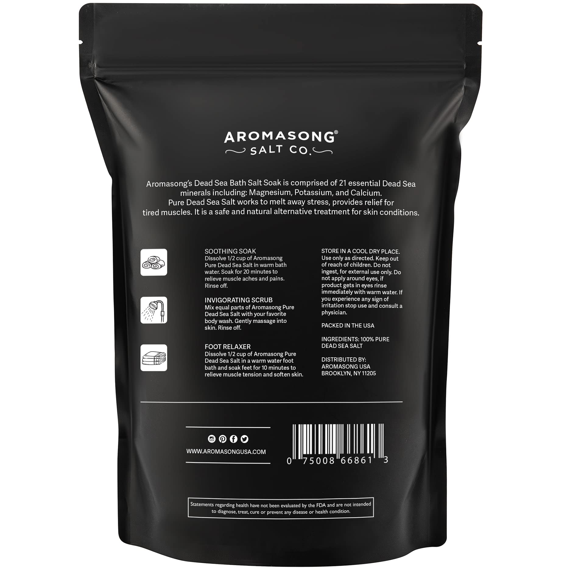 Aromasong Dead Sea salt pack resealable lid keeps freshness after opening