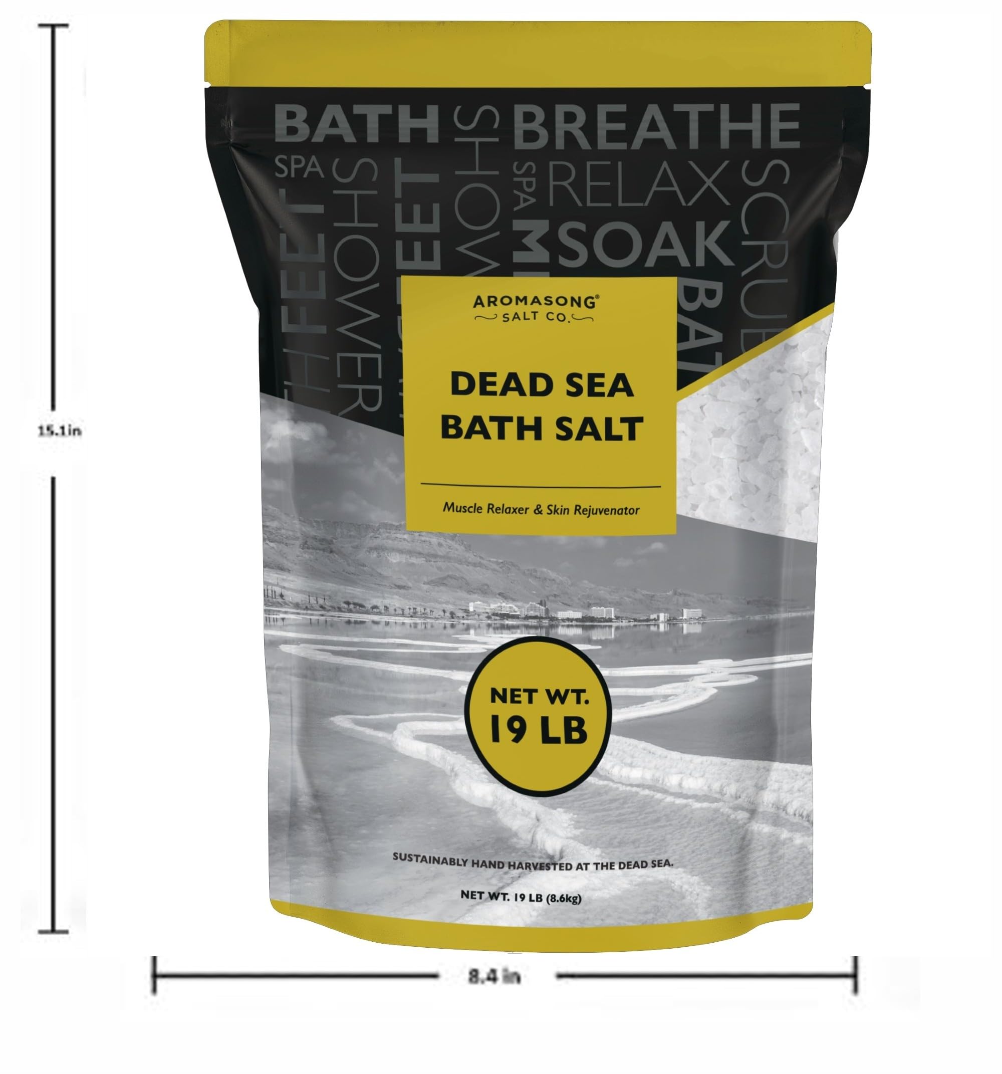 Aromasong Dead Sea Salt resealable pack highlighting long-lasting freshness.