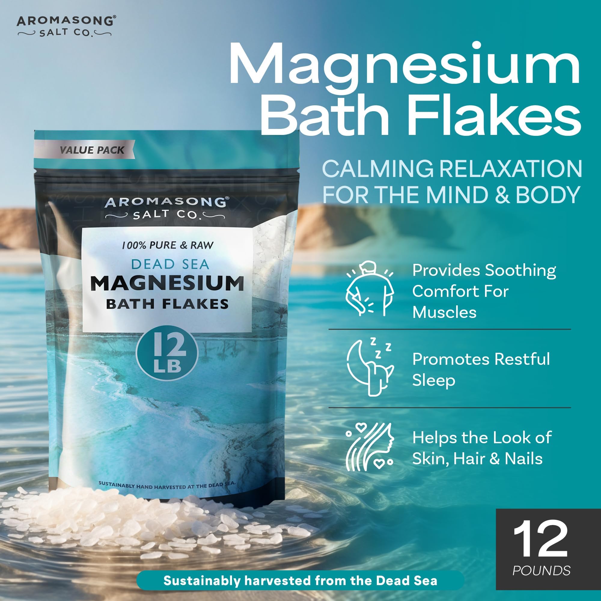 Aromasong magnesium flakes opened, showing resealable packaging for freshness