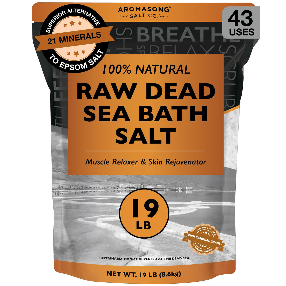 Aromasong raw Dead Sea bath salt in a 19 lb bag for easy at-home soaking.