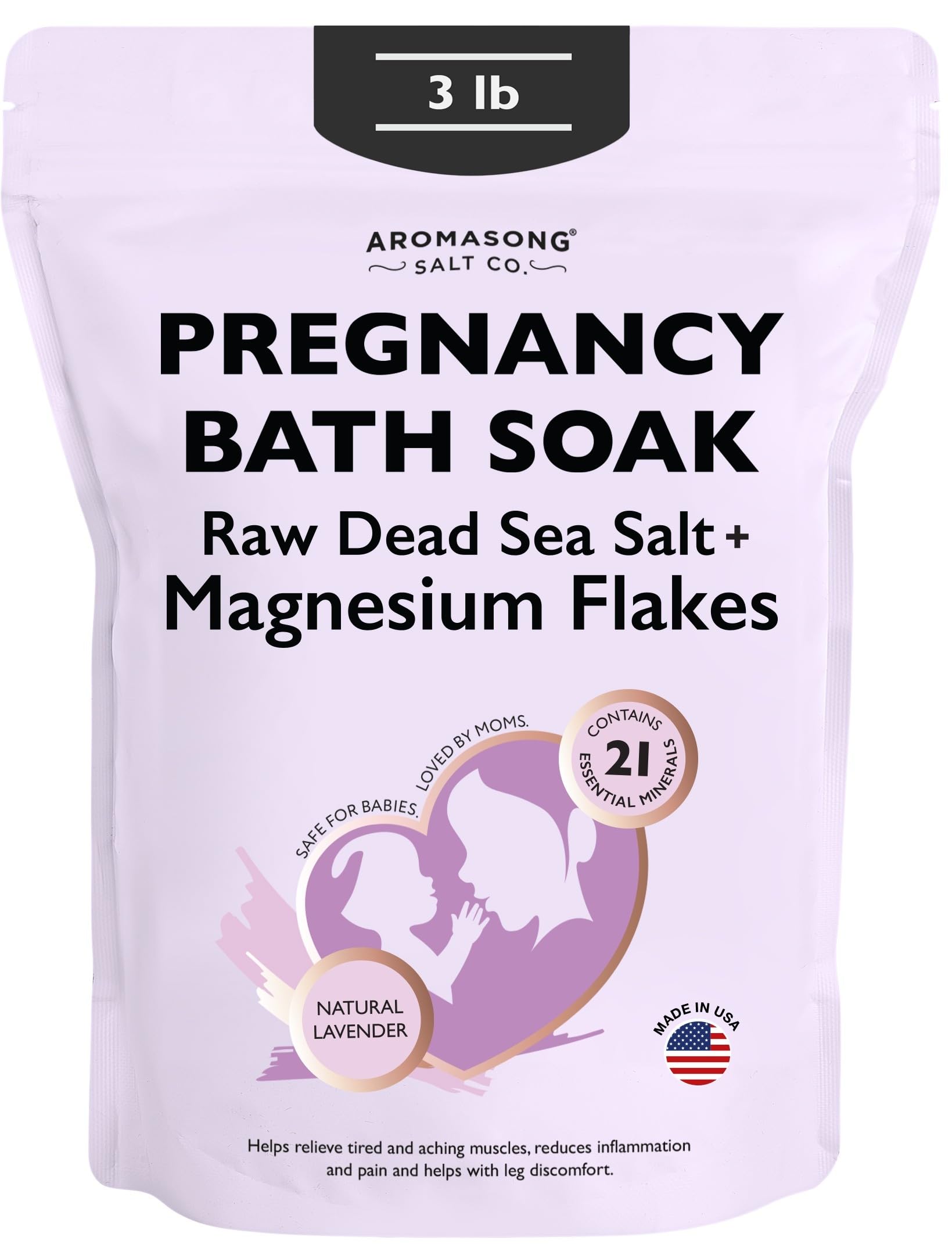 Aromasong sal de baño para embarazo en frasco, ideal para relajación y alivio muscular.