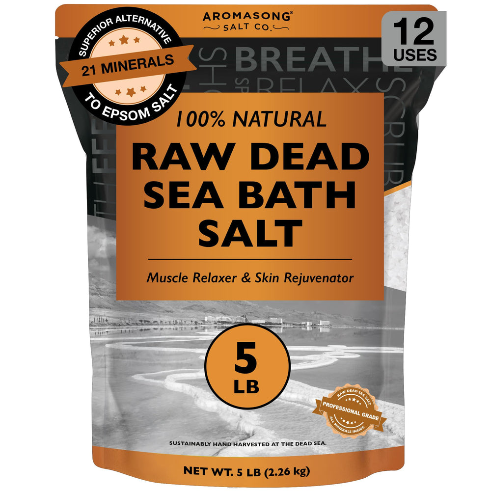 Aromasong Sal Mar Muerto cruda en bolsa 5 libras para baño relajante.
