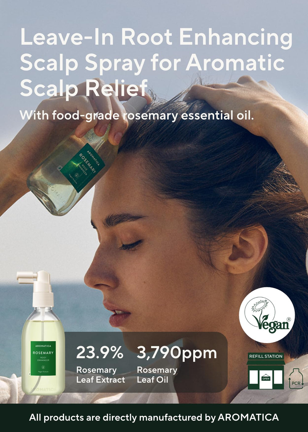 AROMATICA Root Enhancer rosemary spray application on scalp for soothing relief.