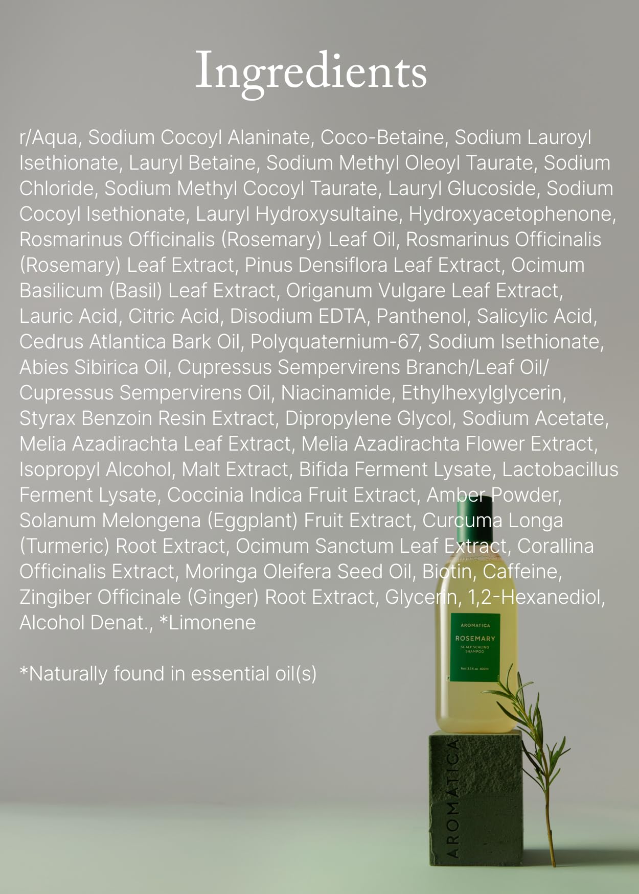 AROMATICA Rosemary Scalp Shampoo ingredients-list features caffeine and amino acids