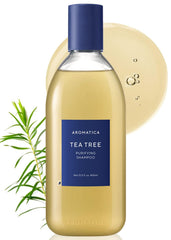 AROMATICA Tea Tree Shampoo bottle shows clarifying scalp care for oily hair