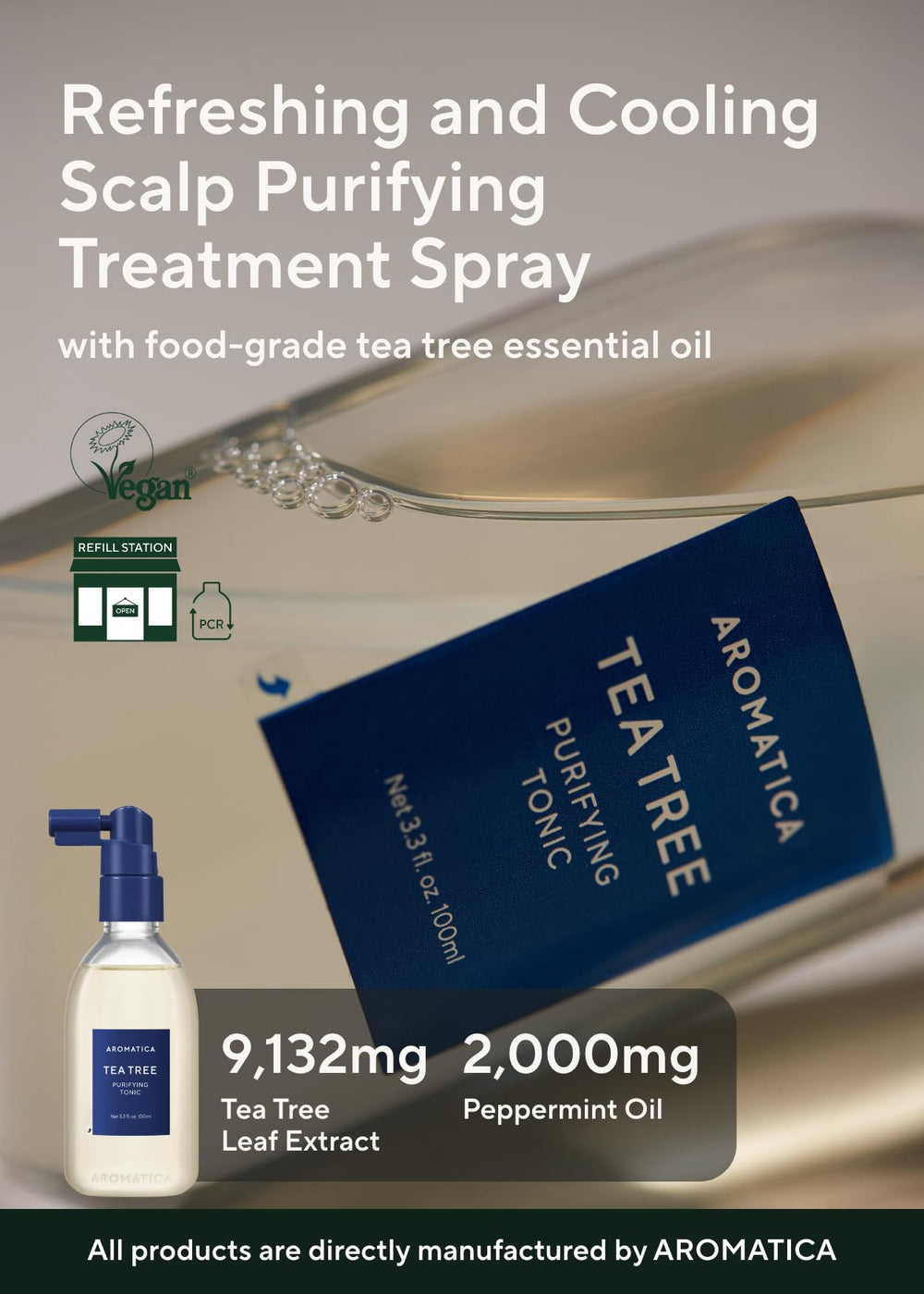 AROMATICA Tea Tree Purifying Tonic en formato spray para aplicación homogénea.