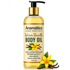 Aromático aceite corporal vainilla cálida: botella elegante y aroma reconfortante.