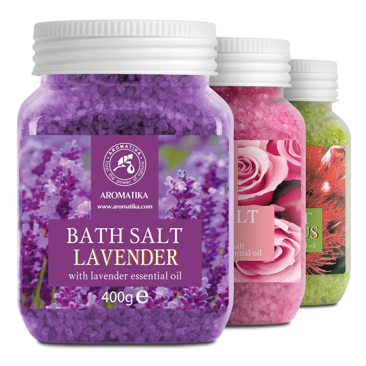 AROMATIKA Lavender bottle bath salts for calming, sleep-friendly baths.