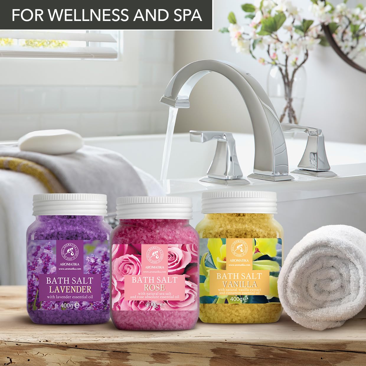 AROMATIKA Pouring salts into tub for aromatic bath ritual.