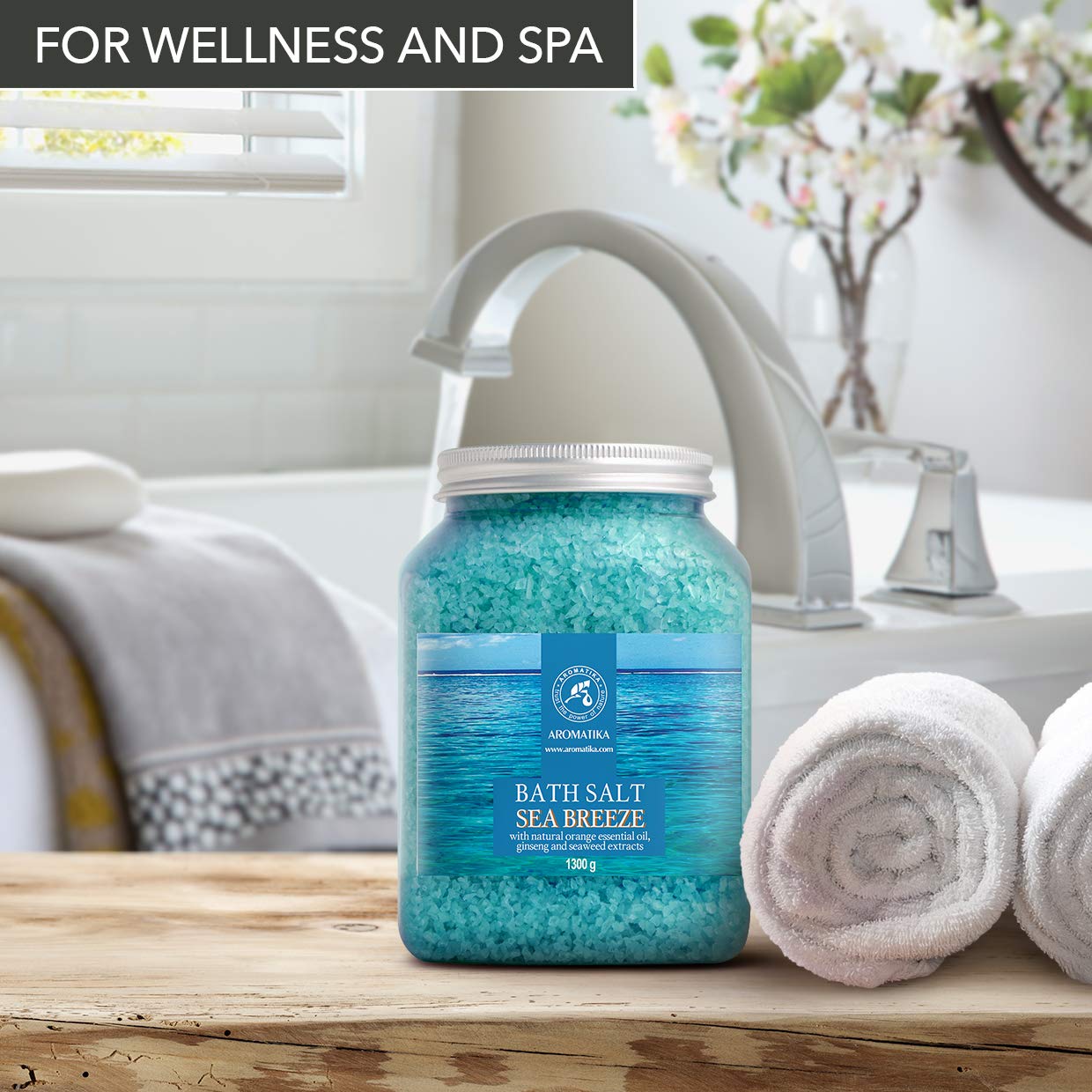 AROMATIKA Packaging shot of Sea Breeze Salt for home spa