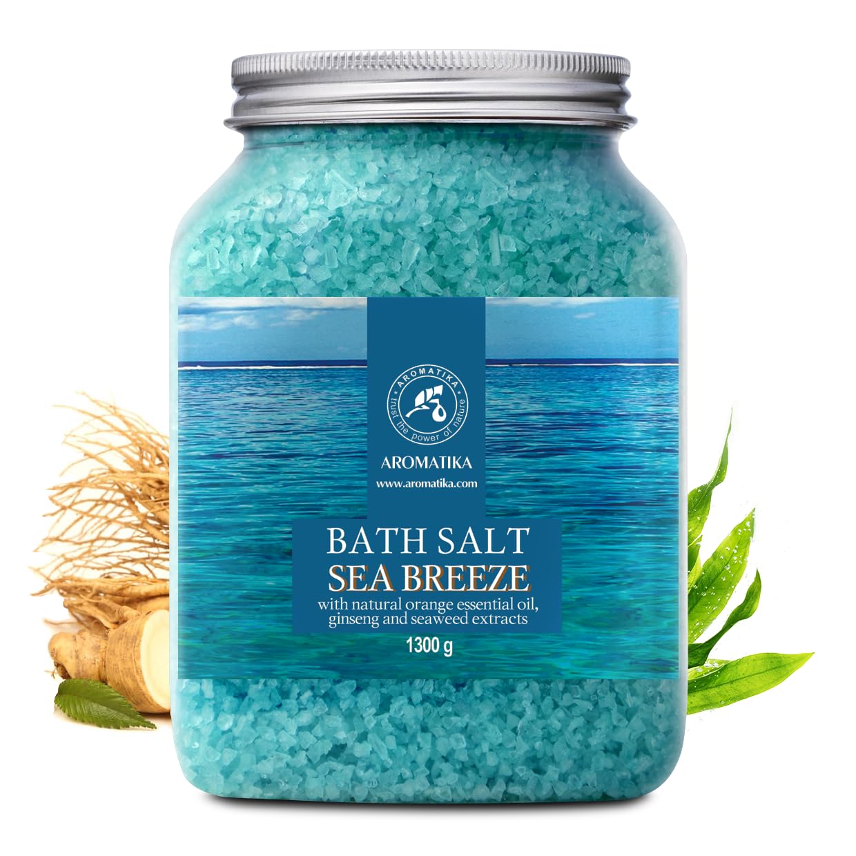 AROMATIKA Bath Sea Salt 46oz being poured to highlight calming aroma