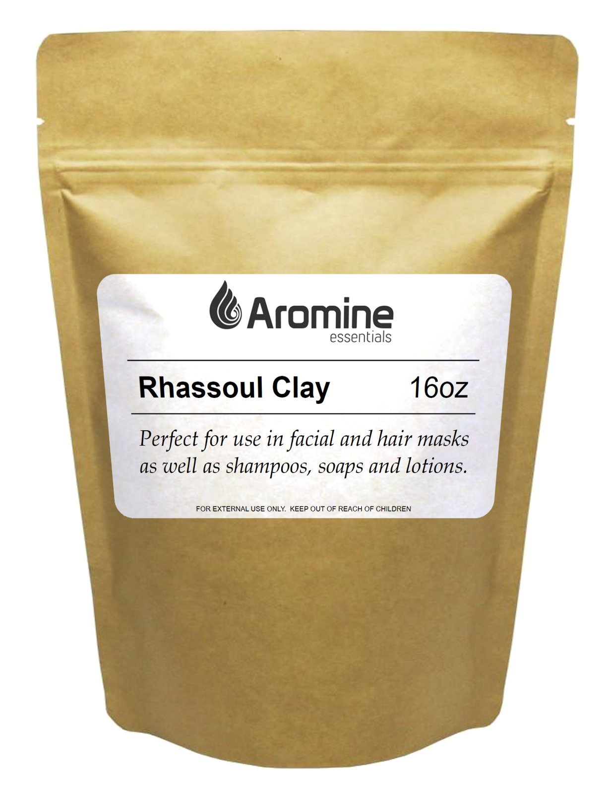 Aromine Rhassoul polvo en envase, listo para uso diario y almacenamiento.