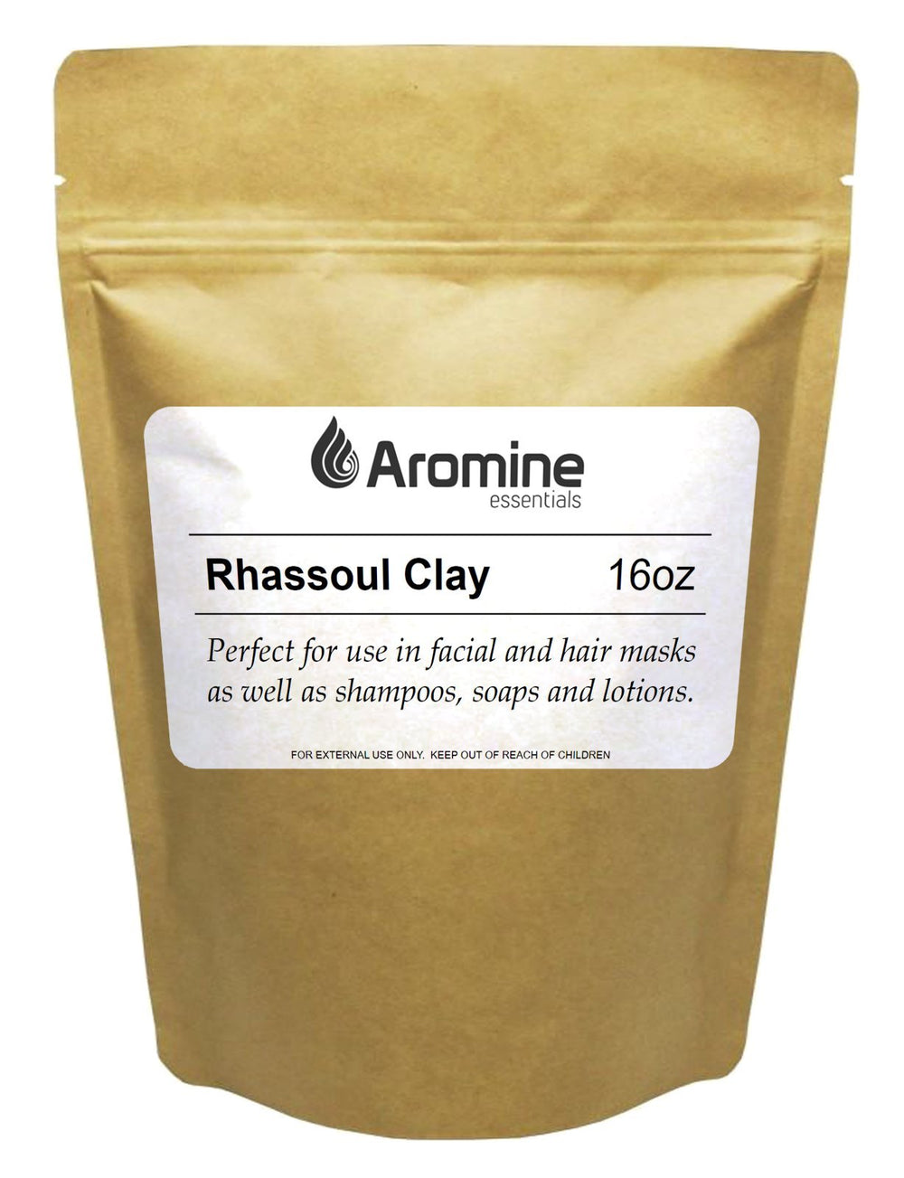 Aromine Rhassoul polvo en envase, listo para uso diario y almacenamiento.