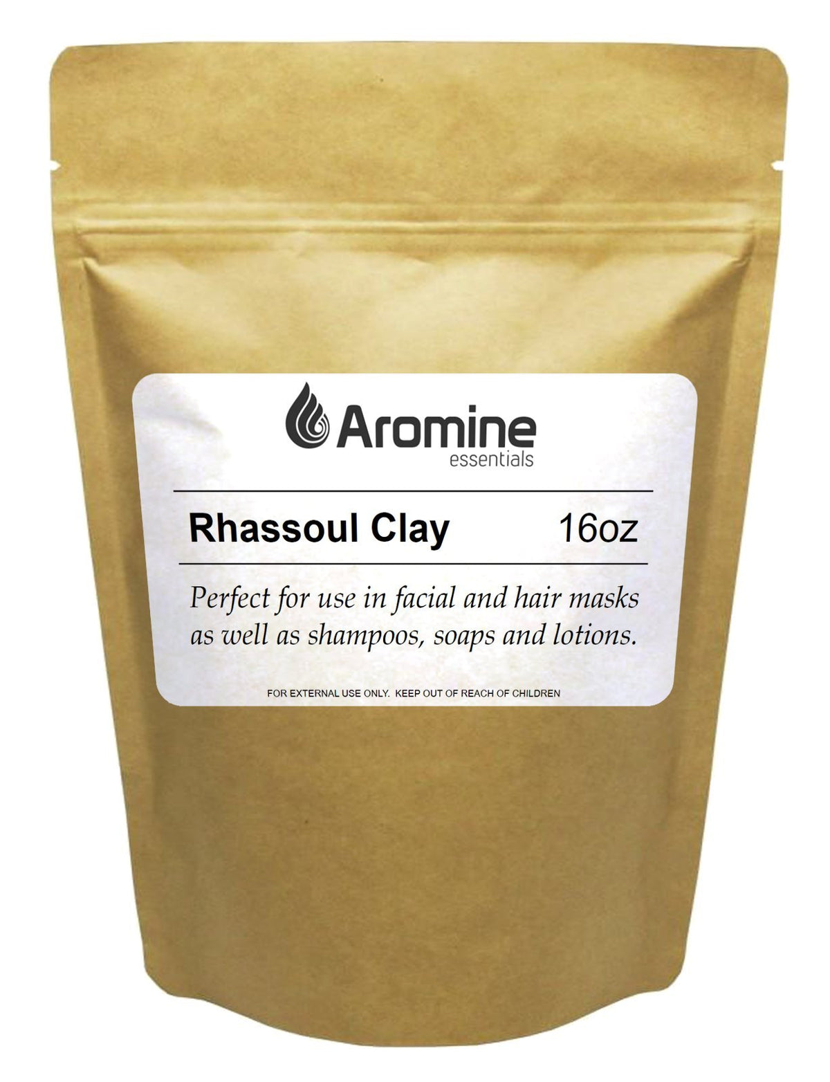Aromine Rhassoul polvo en envase, listo para uso diario y almacenamiento.