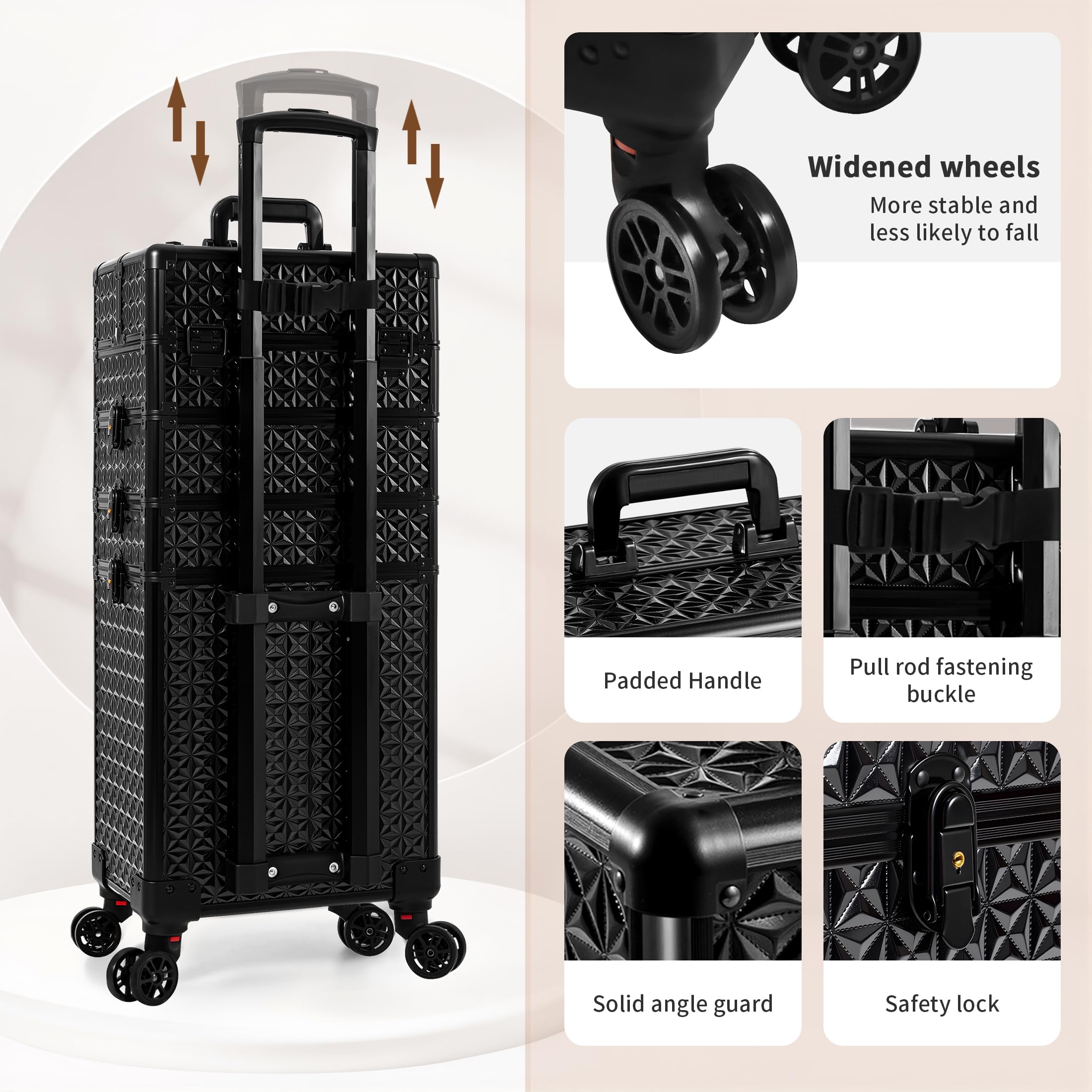 AROUS rolling makeup case with 360-degree wheels for smooth mobility