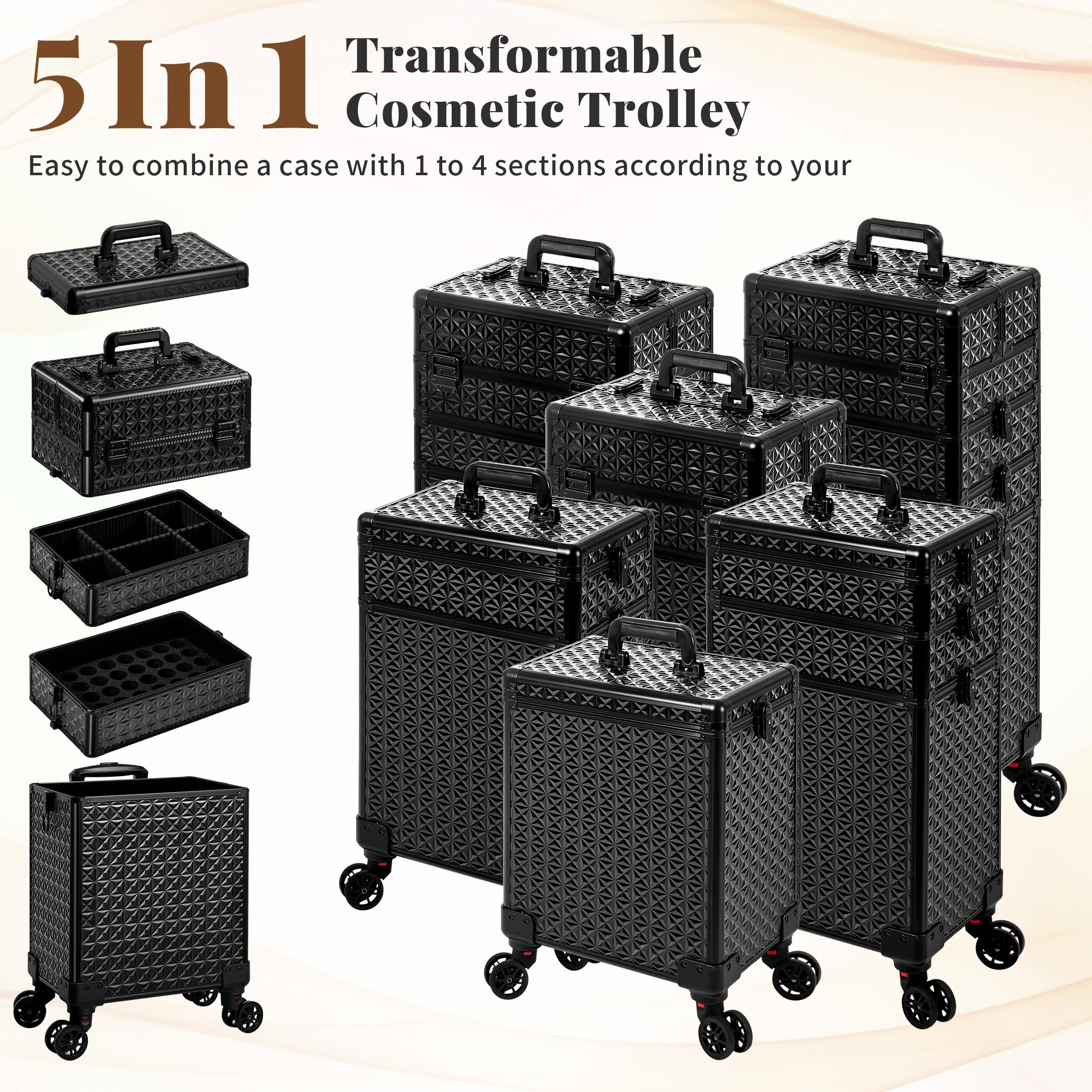 AROUS 5-in-1 rolling makeup case middle tray with removable baffle for secure storage