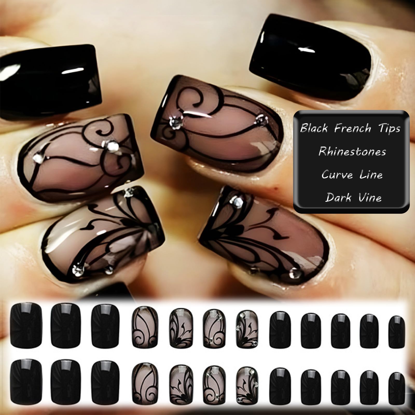 AROVFAM uñas postizas negras con acabado brillante para uso diario o evento