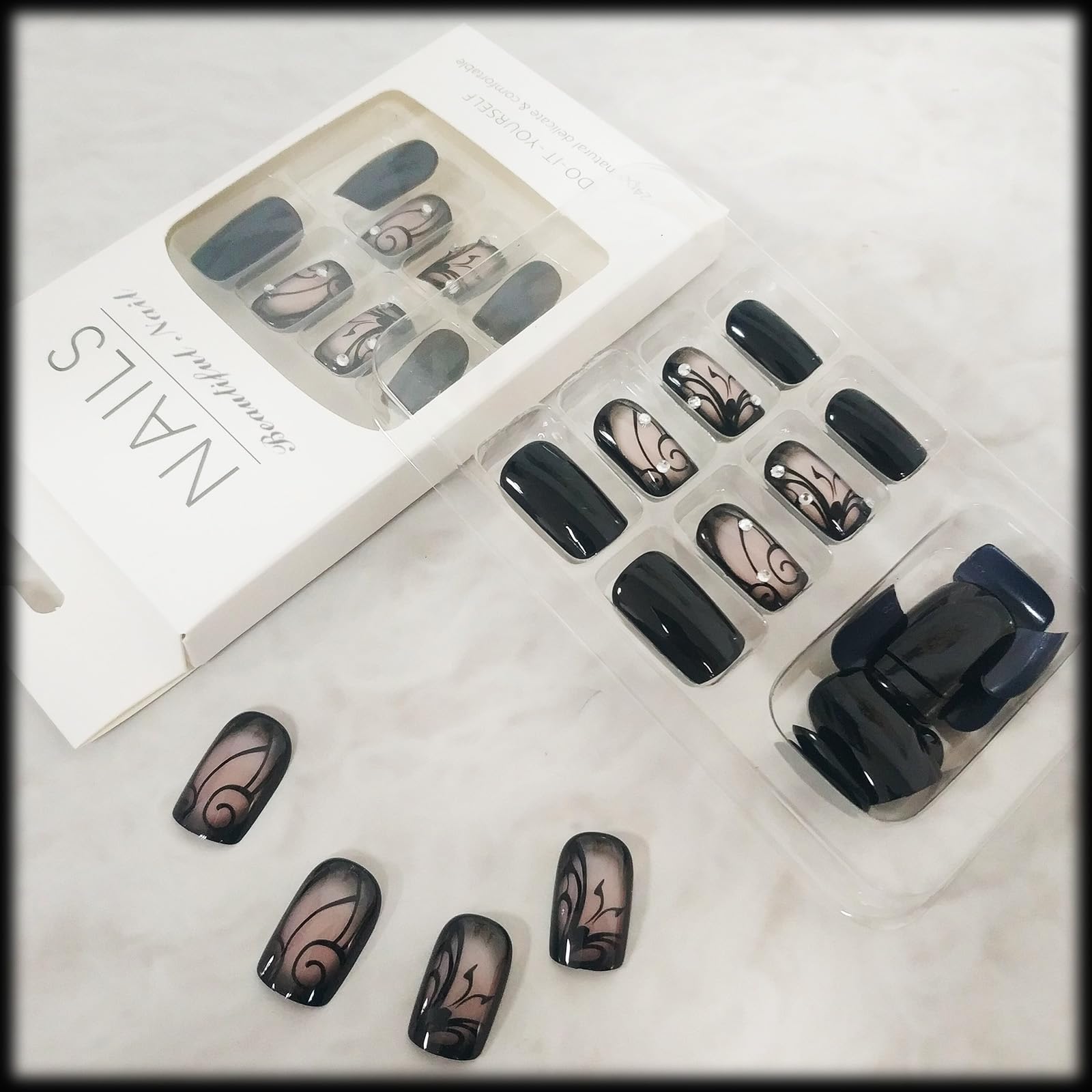 AROVFAM uñas postizas negras con adhesivo en gel para aplicación rápida