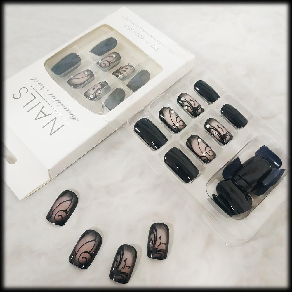 AROVFAM uñas postizas negras con adhesivo en gel para aplicación rápida