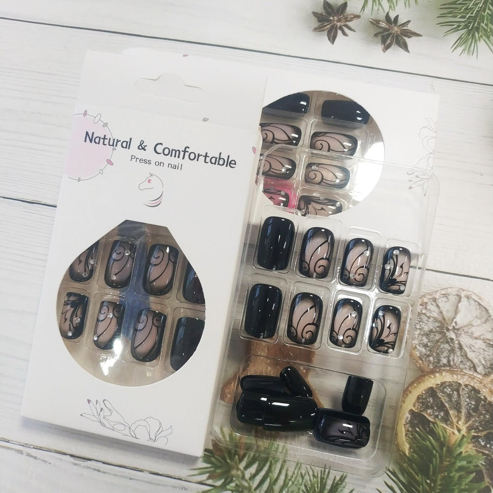 AROVFAM uñas postizas negras con brillos de cristal para toque deslumbrante