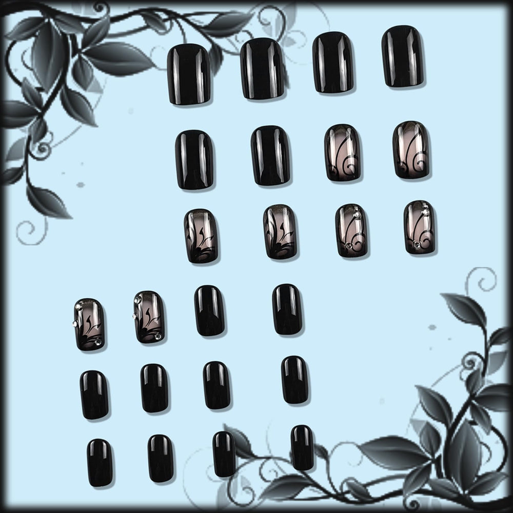 AROVFAM uñas postizas negras con corte mediano para ajuste cómodo