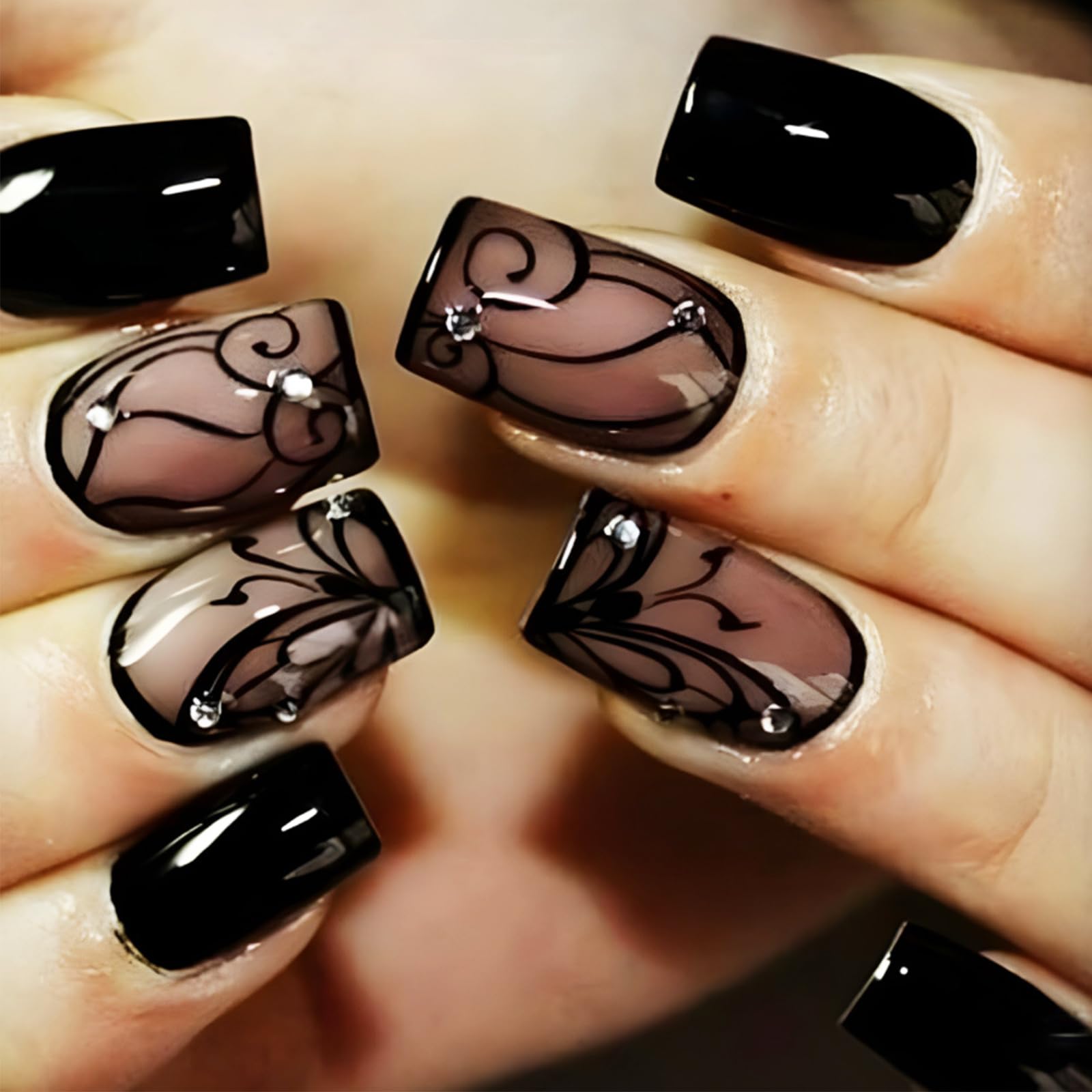 AROVFAM uñas postizas negras con diseño vino oscuro, acabado brillante para estilo sofisticado