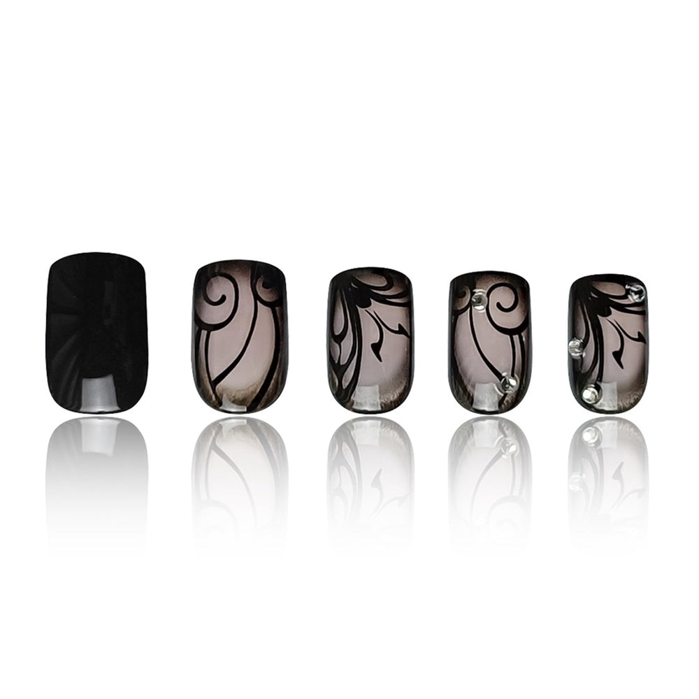 AROVFAM uñas postizas negras con línea curva para look moderno