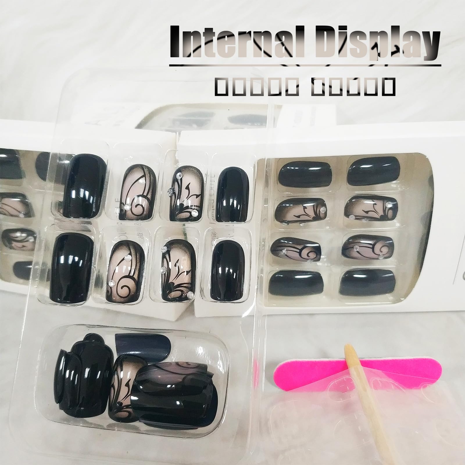 AROVFAM uñas postizas negras con piedras de cristal para glamour
