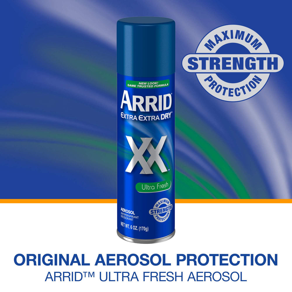Close-up of Arrid XX Dry Ultra Fresh aerosol can for quick, drying application.