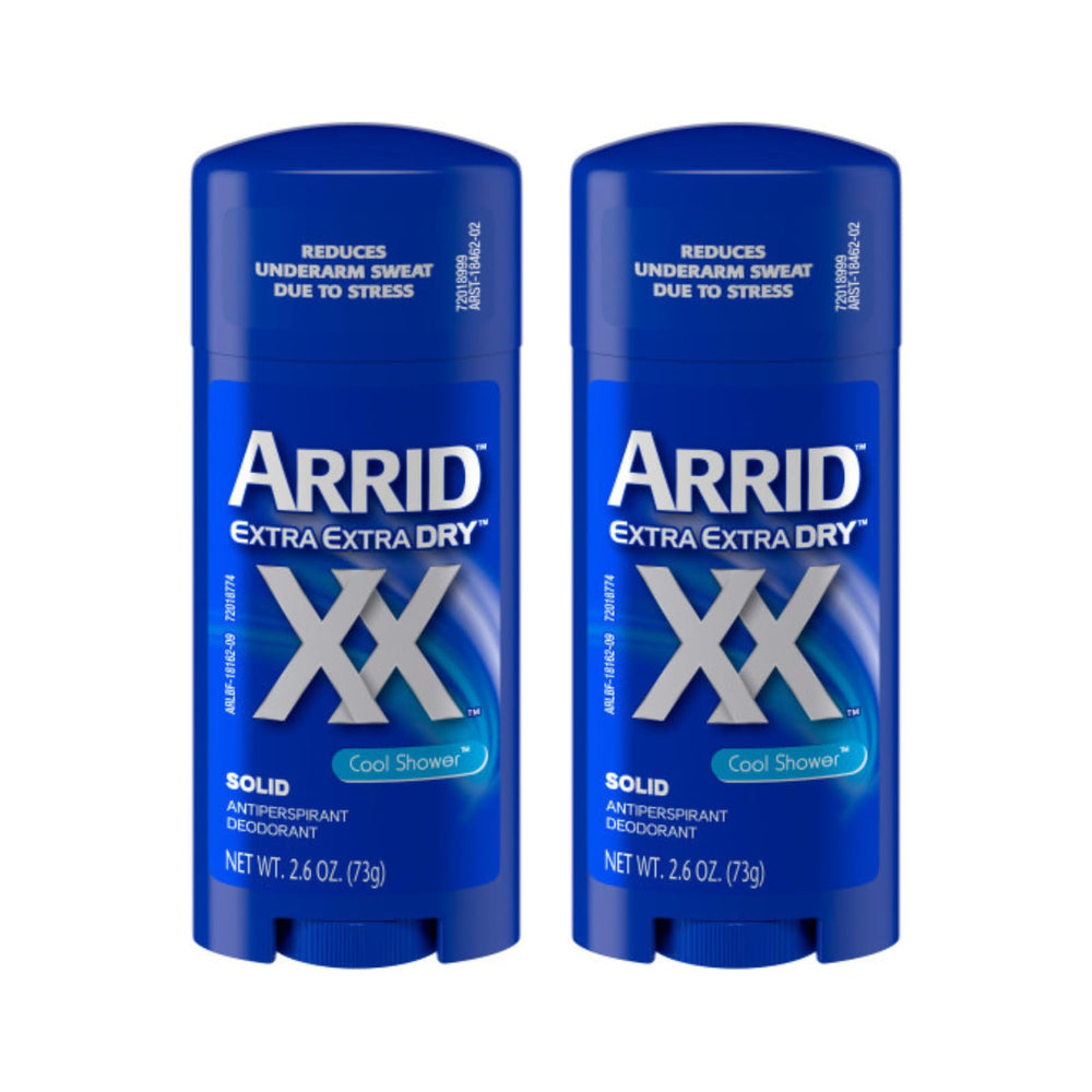 Arrid XX Extra Extra Dry Solid Cool Shower bottle showing long-lasting protection.