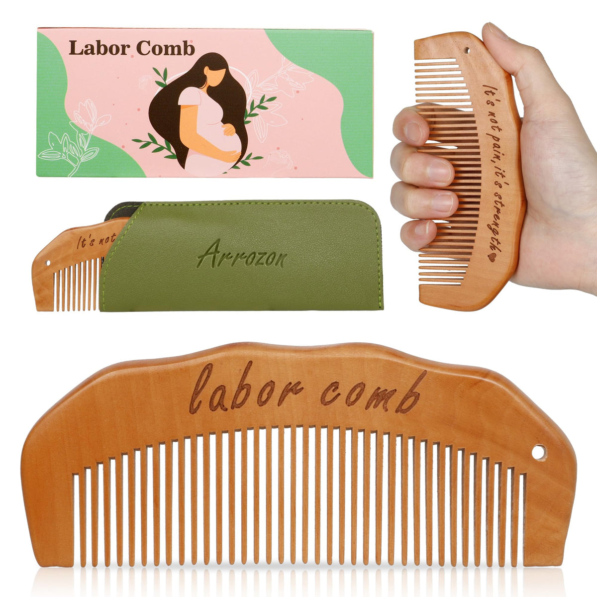 Arrozon Birth Comb held in hand showing ergonomic design for labor comfort.
