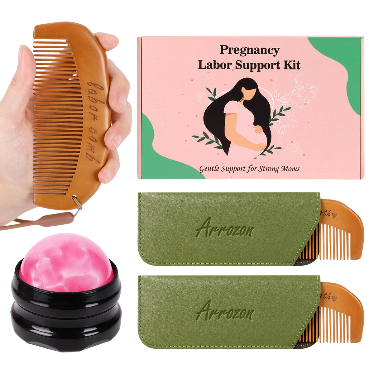 Arrozon two wooden birth combs for gentle acupressure during labor.