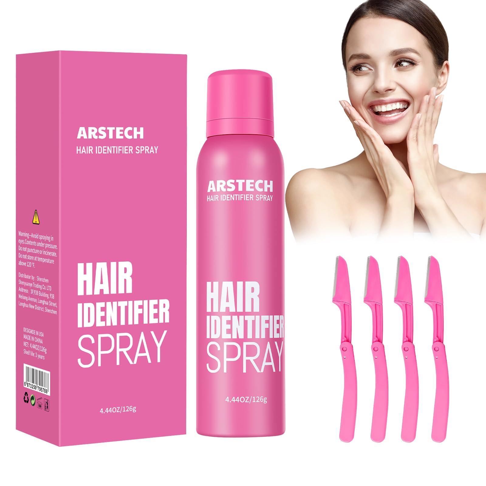 Arstech Hair Identifier Spray in rose can highlighting facial hair for precise shaving prep