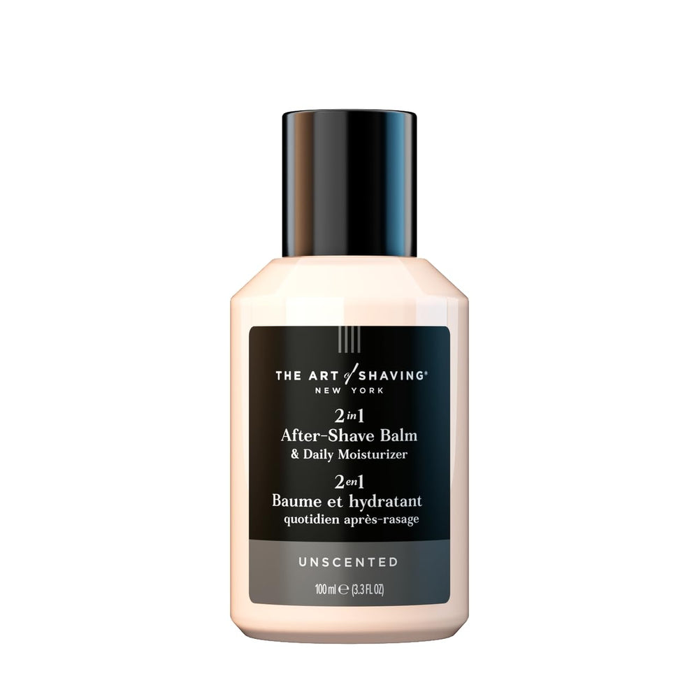 The Art of Shaving unscented balm bottle for post-shave hydration.