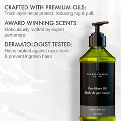 The Art Of Shaving unscented pre-shave oil pump in use, promotes smooth razor glide.