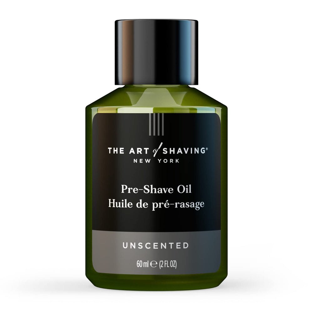 The Art of Shaving unscented pre-shave oil bottle enables quick, fragrance-free prep.