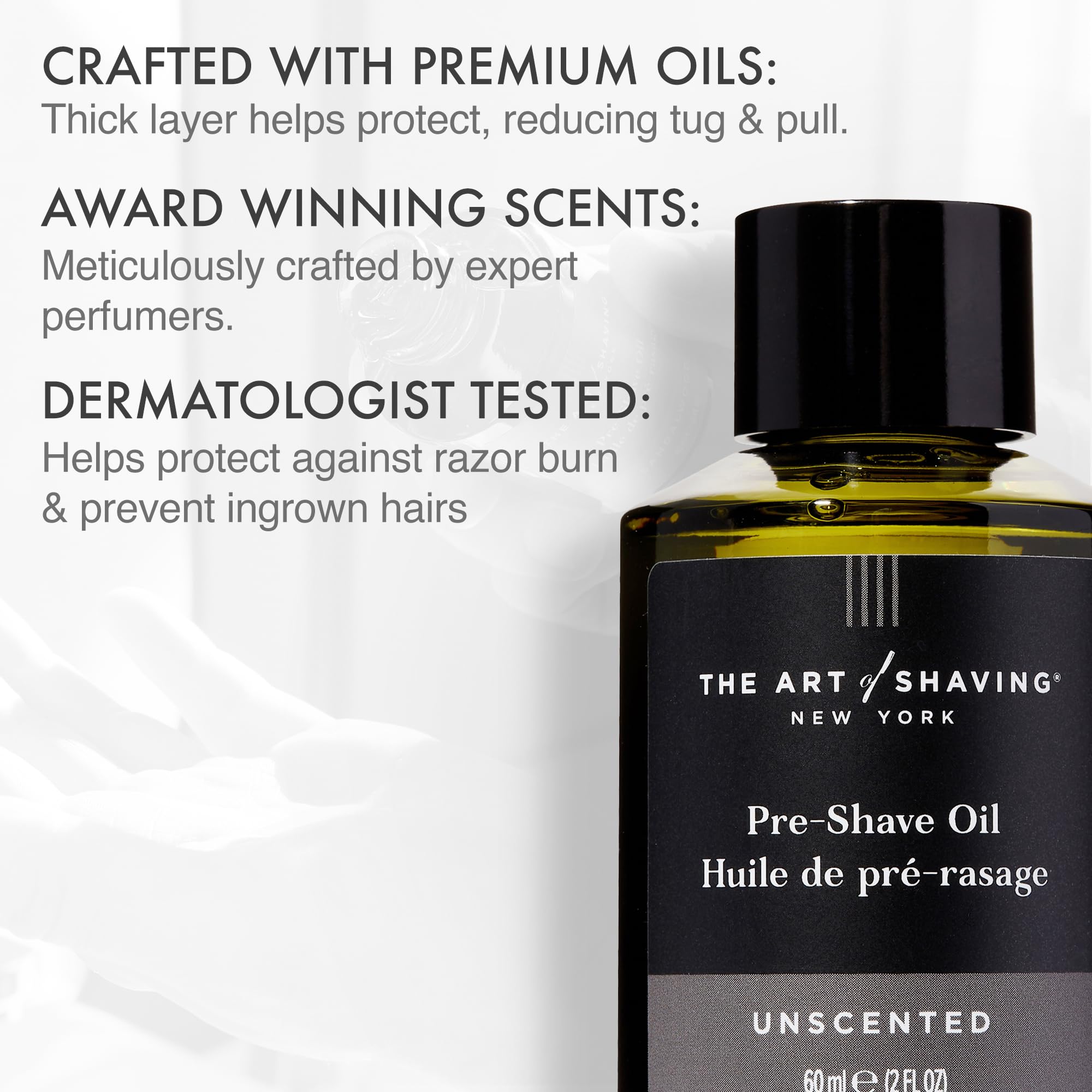The Art of Shaving Unscented Pre-Shave Oil pour demonstrates smooth razor glide.
