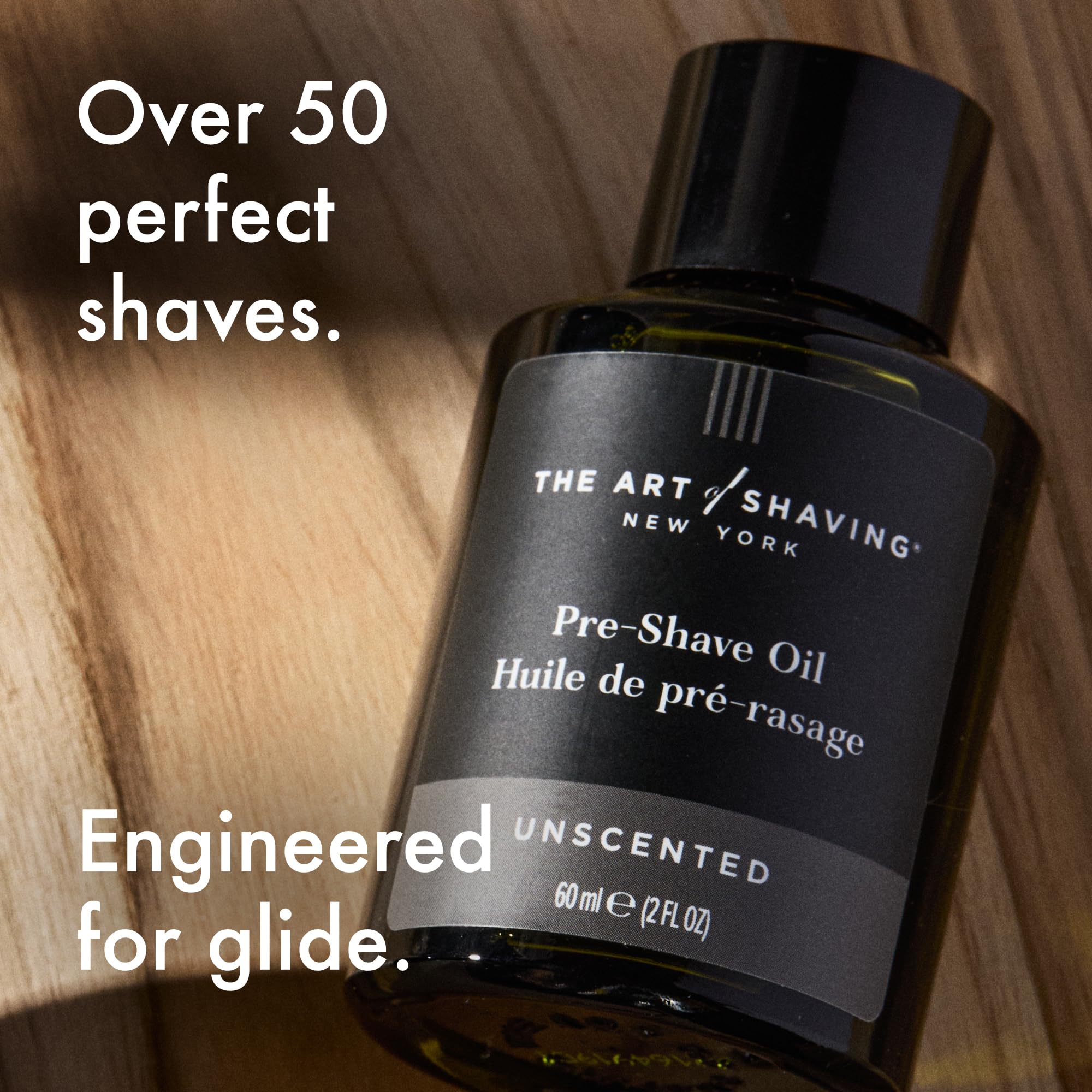 The Art of Shaving Unscented Pre-Shave Oil bottle emphasizes skin softness.